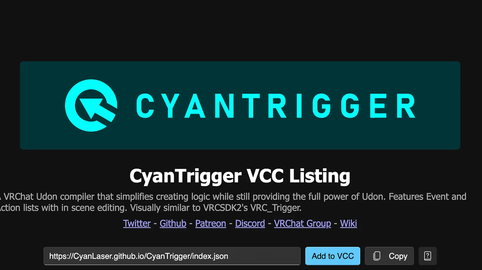 The CyanTrigger VCC listing page.