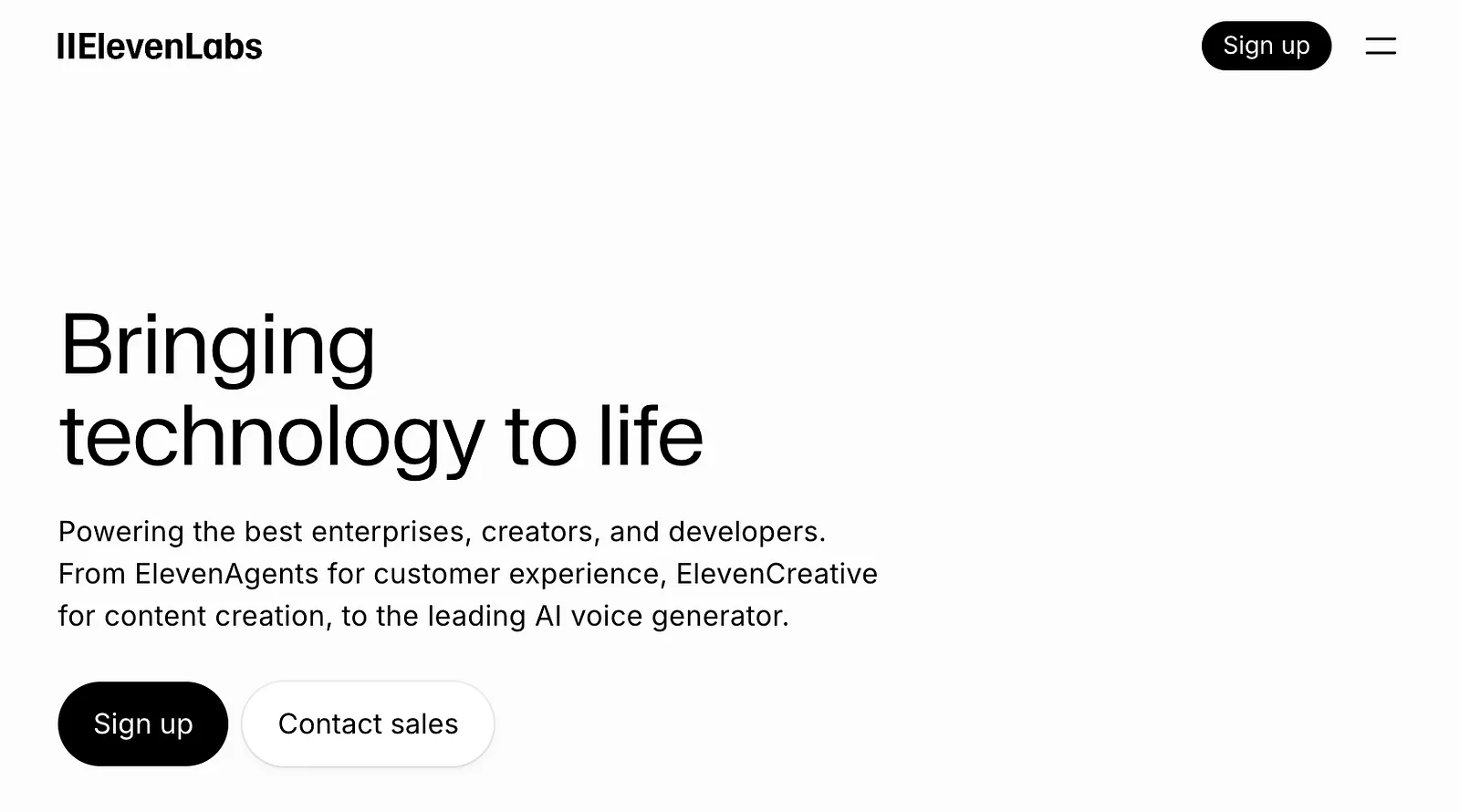 The ElevenLabs home page.