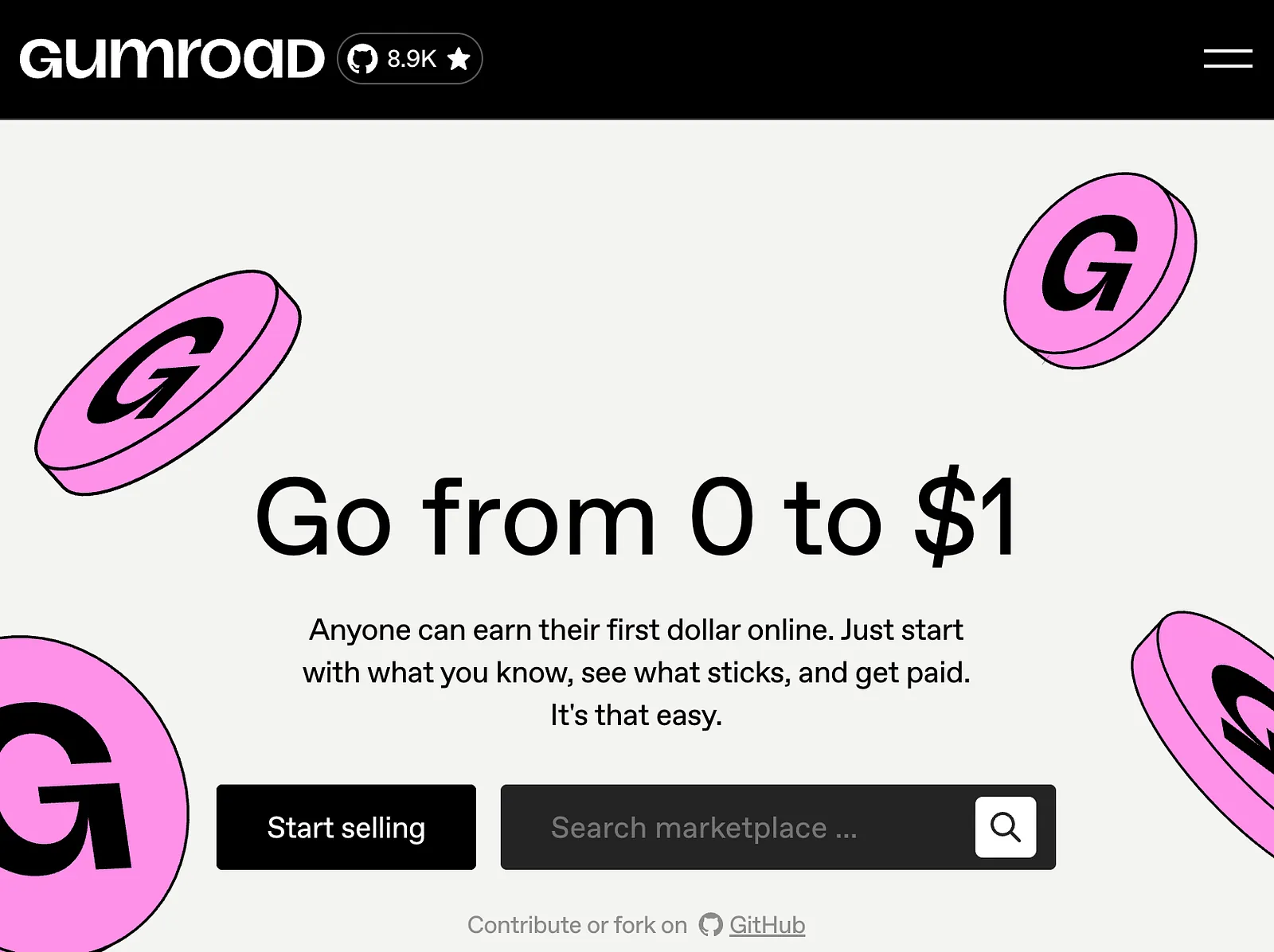 Gumroad's home page: "Go from 0 to $1".