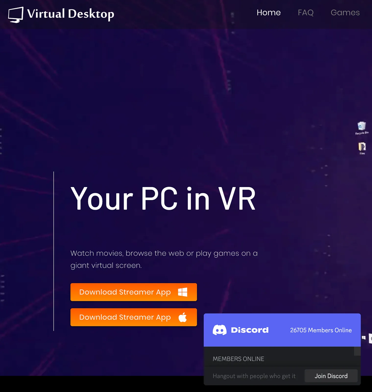 Virtual Desktop's home page: "Your PC in VR".