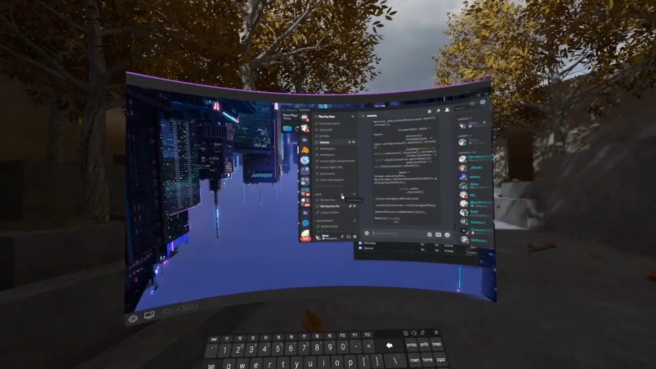 A desktop window floating in a VR world with XSOverlay, a virtual keyboard below it.