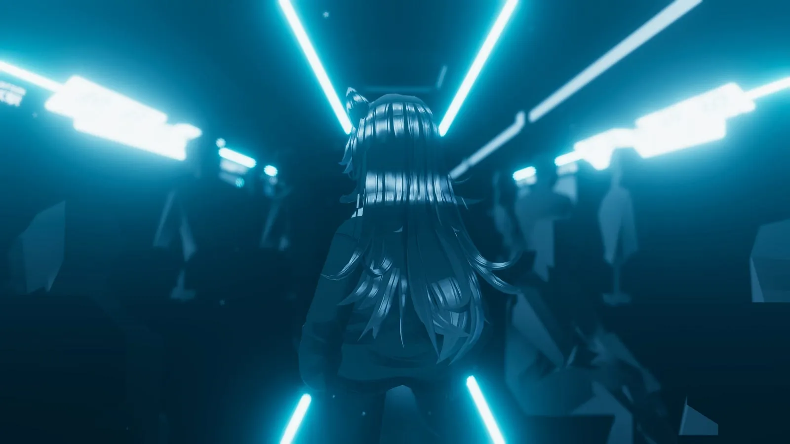 An avatar in a tunnel of teal neon light.