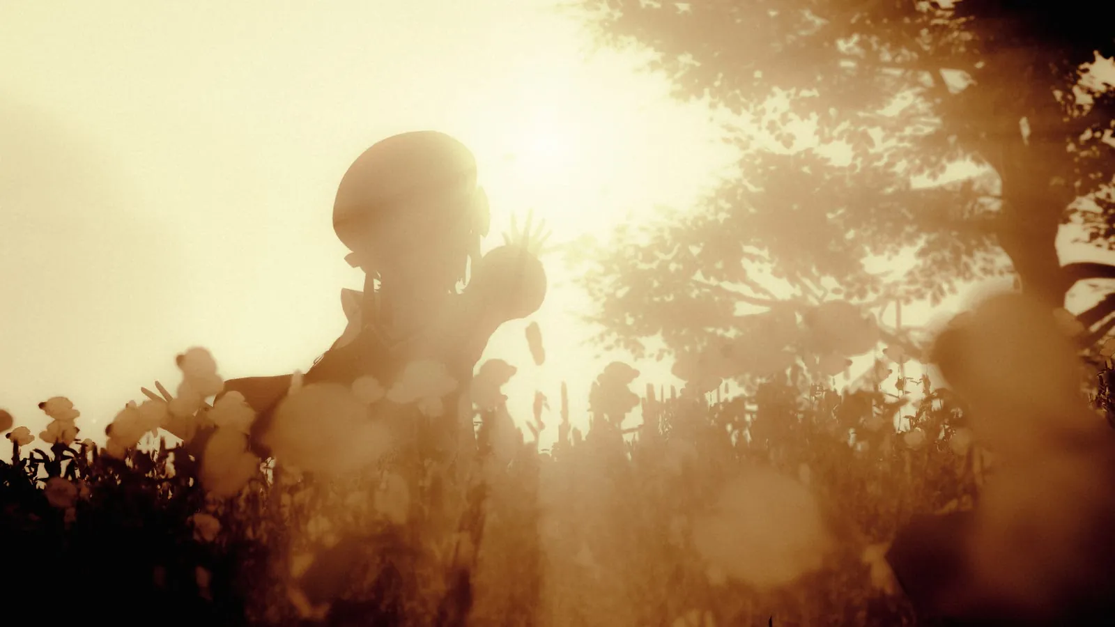 An avatar silhouetted against golden backlight in a forest.