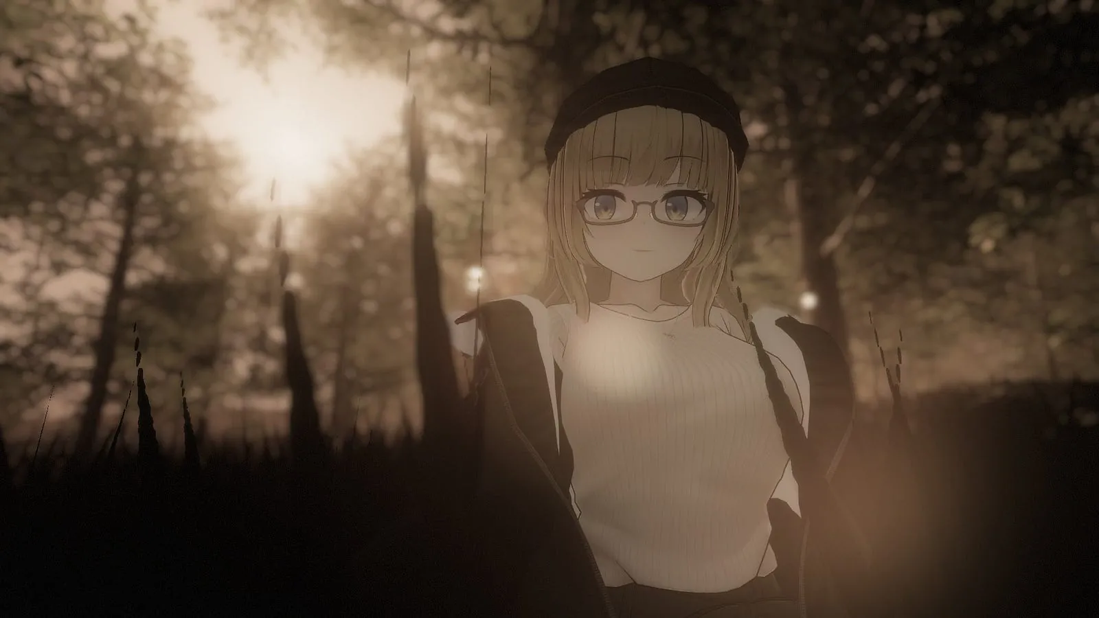 A blonde avatar with glasses and a beanie in warm, low light.