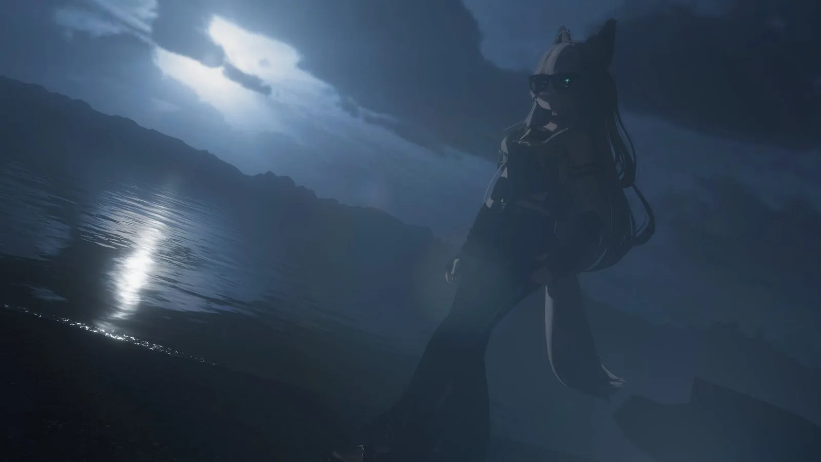 An avatar on a moonlit lakeshore at night.