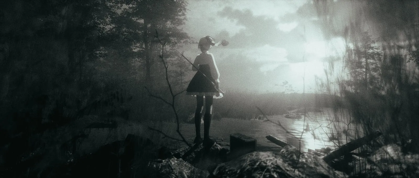 An avatar standing by misty water in black and white.