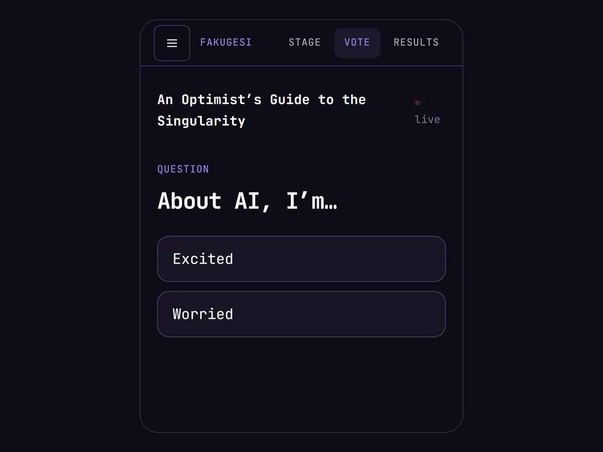 The vote page at phone size. It shows the talk's title and the current question, "About AI, I'm…", with two buttons: Excited and Worried.