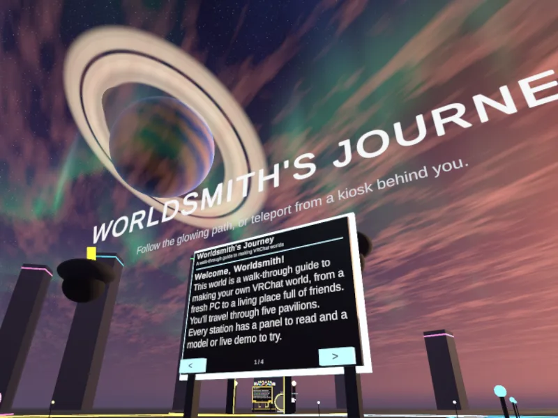The Worldsmith's Journey in VRChat: a ringed planet over a pink and green sky, the world's title floating above a welcome panel.