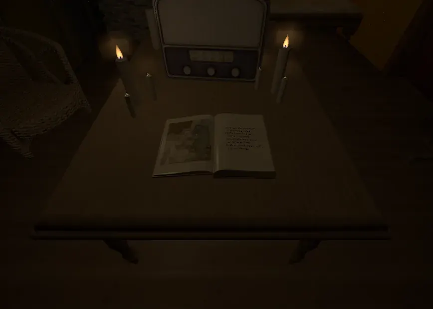 Inside Glass Angels: an open book on a table between two lit candles, with an old radio behind it.