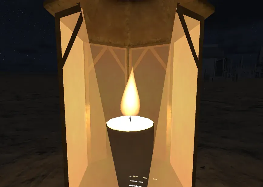 Inside Glass Angels: close-up of a candle burning inside the guest's lantern, with the house dark behind it.