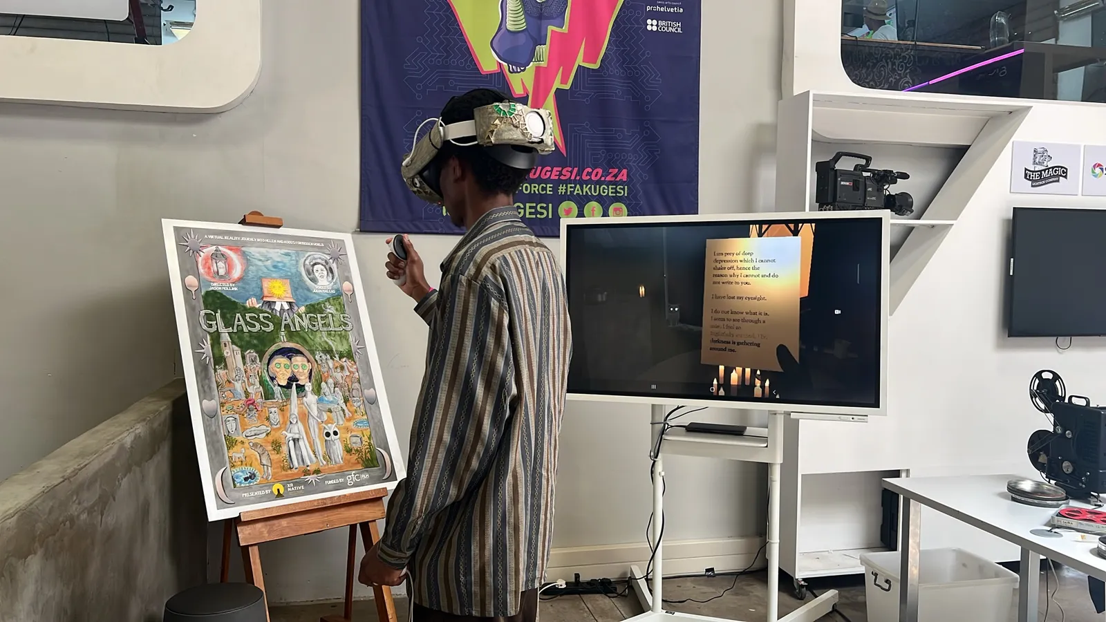 A visitor reads one of Helen Martins' letters inside the piece: "I am prey of deep depression which I cannot shake off… darkness is gathering around me."