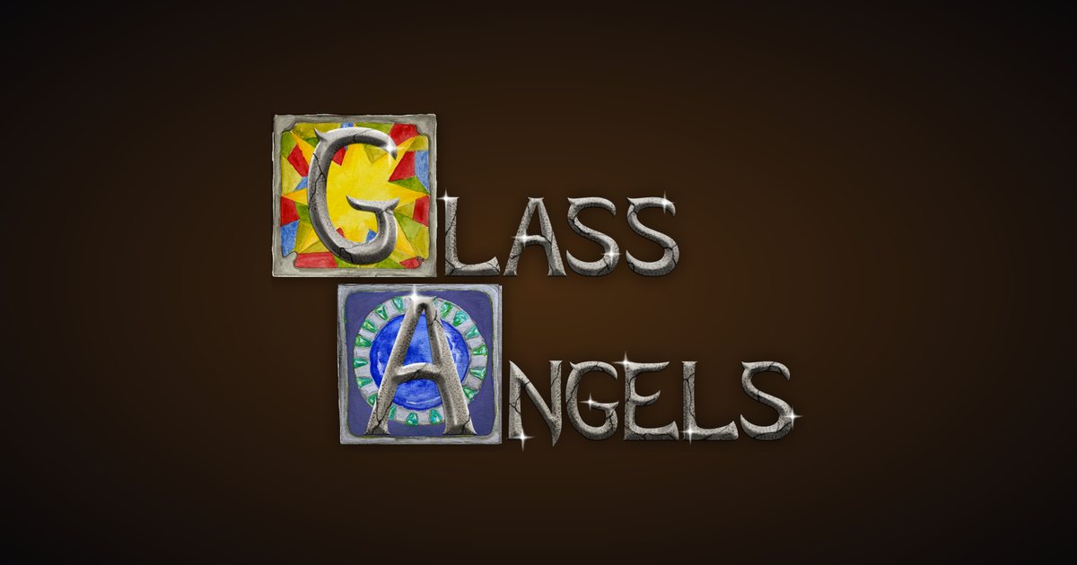 Glass Angels title card. Stone lettering over two painted glass tiles, a sunburst and a blue moon.