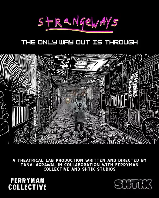 Poster for Strangeways: The Only Way Out Is Through. A hand-drawn corridor, an antlered figure, and a bright exit.