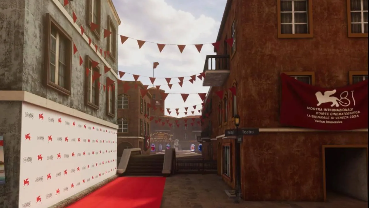 The 2024 Venice Immersive gallery in VRChat. A red carpet runs past a press wall into a Venetian street hung with red bunting and a banner for the 81st Venice Film Festival.